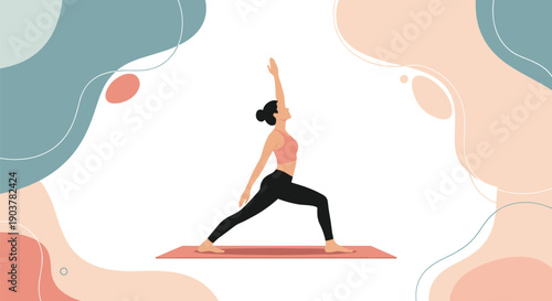 Woman practicing yoga on a mat in a warrior pose set against a soft abstract background of organic shapes and colors.