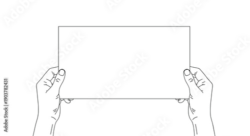 Pair of hands holding a horizontal blank white sheet of paper in line art style for custom text or advertisement images.