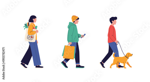 Illustration of three diverse people walking side by side including a woman with groceries, a man on his phone, and a man with a dog.