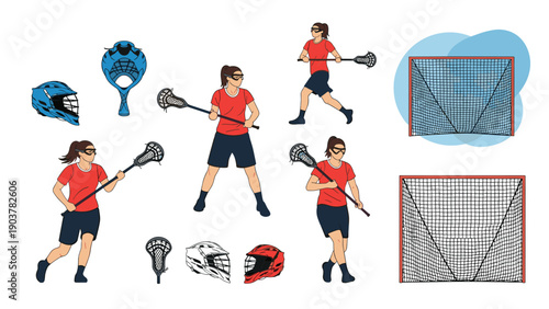 Collection of lacrosse sports elements featuring female players in action, protective helmets, sticks with nets, and game goal nets on white.