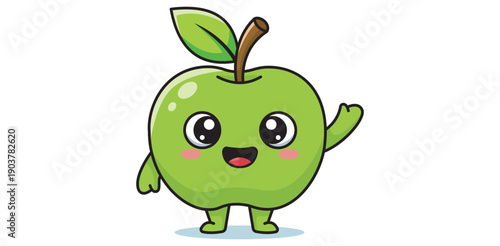 Cute happy green apple cartoon character waving friendly kawaii fruit mascot for kids education wholesome healthy food