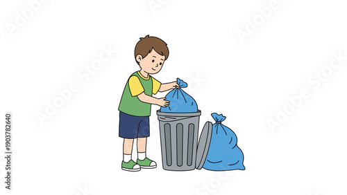 Responsible young boy wearing a green t-shirt disposing of waste by placing a blue trash bag into a grey outdoor garbage bin on white.