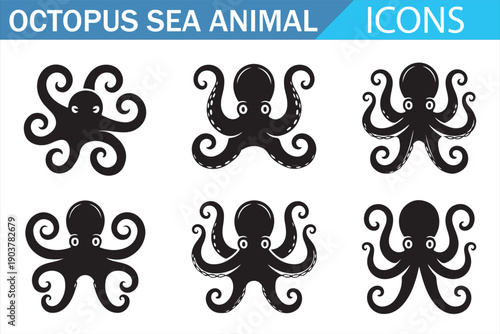 Underwater octopus silhouette icons for nautical graphic design