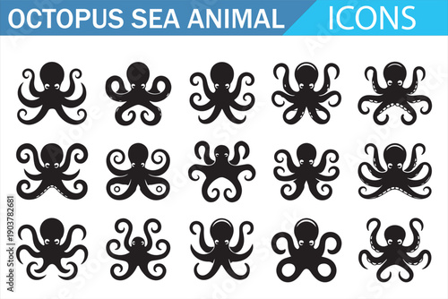 Sea octopus icon set for ocean wildlife and seafood branding
