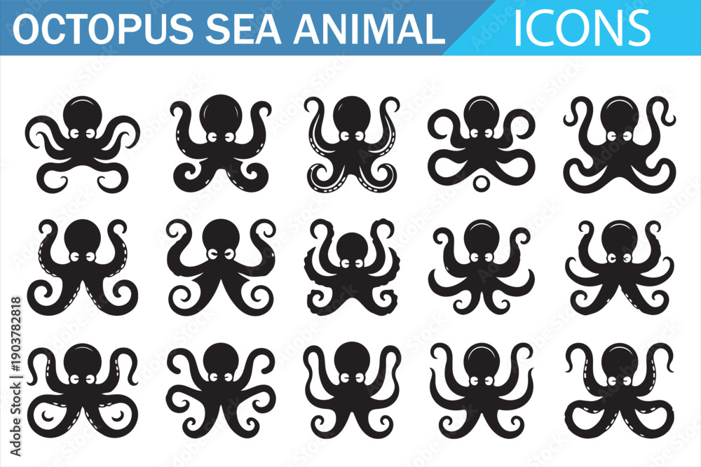 Fototapeta premium Octopus sea animal silhouette icon set for marine and ocean design