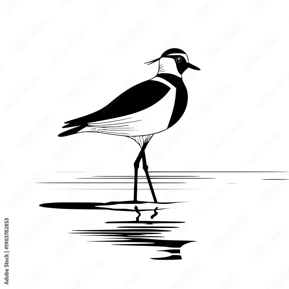 Obraz premium A black and white illustration of a lapwing standing in water with its reflection visible below it