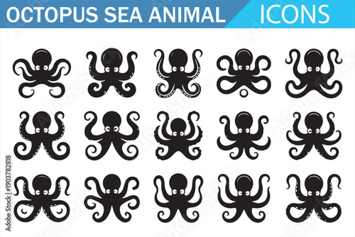 Octopus sea animal silhouette icon set for marine and ocean design