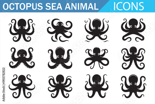 Octopus sea animal icon set in black silhouette style featuring multiple octopus shapes for marine life, ocean wildlife, seafood branding, tattoos, logos and nautical design projects