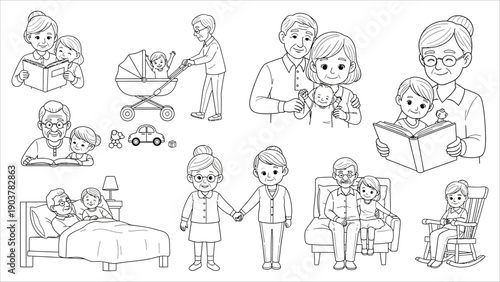 Grandparent–Grandchild Bonding Moments, Family Love and Care Line Art Illustration Set