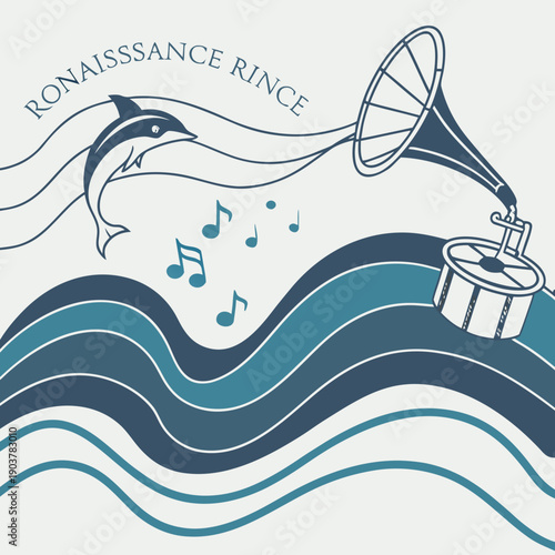 Aquatic Renaissance Music Visualized as Wave Lines: Abstract underwater art representing music through flowing, rhythmic wave-like lines.