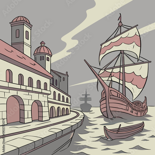 Abstract aquatic renaissance port with stylized ships, vibrant digital illustration.