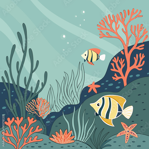 Vibrant underwater garden blooming in an aquatic renaissance style, with exotic plants and serene coral.