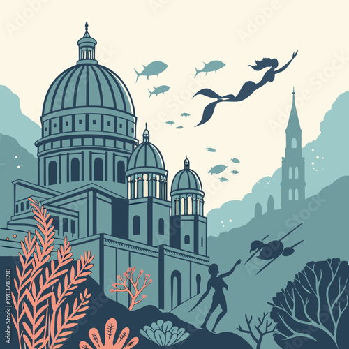 Vision of an aquatic renaissance utopia, a dreamlike underwater city with classical architecture and vibrant life.