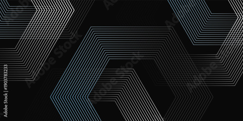 Blue and white haxagon on black background. Premium stripe texture backdrop. Dark horizontal hexagon shapes