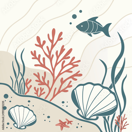 Modern minimal vector art blending aquatic and renaissance themes with clean lines and simple shapes.