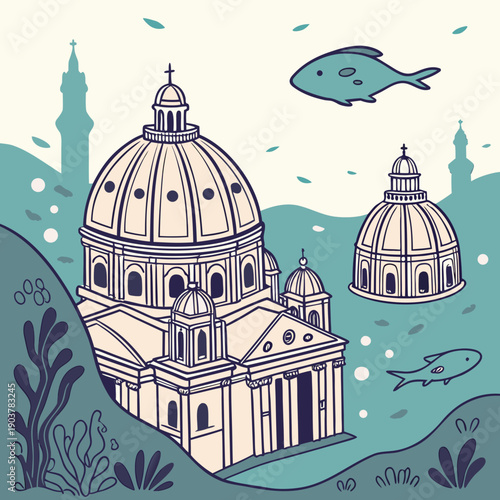 Floating renaissance domes beneath the sea surface, an architectural dream in a surreal underwater landscape.