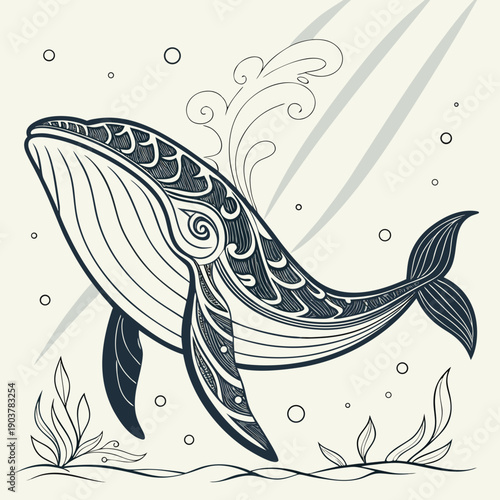 Majestic whale embodies wisdom in an aquatic renaissance scene, evoking peace and profound contemplation.