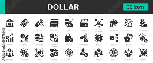 Dollar icons set. Money, Finance, Banking, Investment and others.