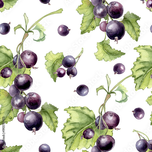 Blackcurrant seamless pattern isolated on white. Realistic watercolor illustration of berry fruit with green leaf hand drawn. Fresh fruits background for food packaging, fabric, textile, wallpaper.