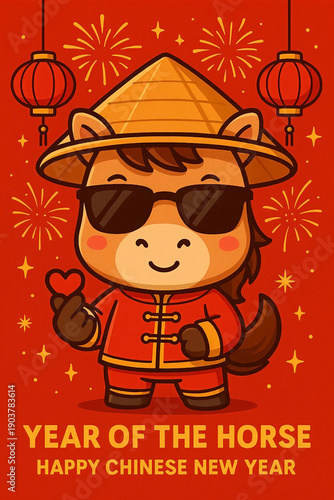 Cute Cartoon Horse Celebrating Chinese New Year with Red Lanterns