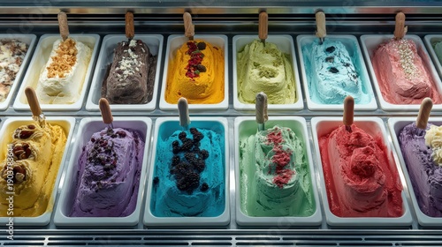 Colorful Assorted Gelato Flavors Displayed in a Commercial Freezer Case for Sale at a Gelateria.
