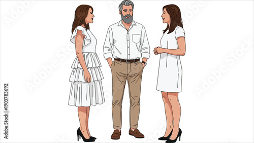 Group of Business People Standing and Talking Outdoors in Summer Sunlight, Isolated on White Background.