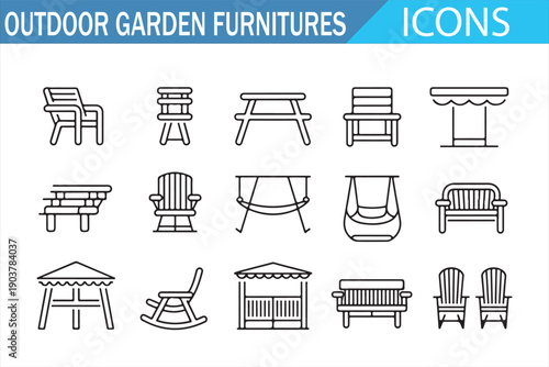 Garden furniture outline icons set for parks patios and outdoor cafes