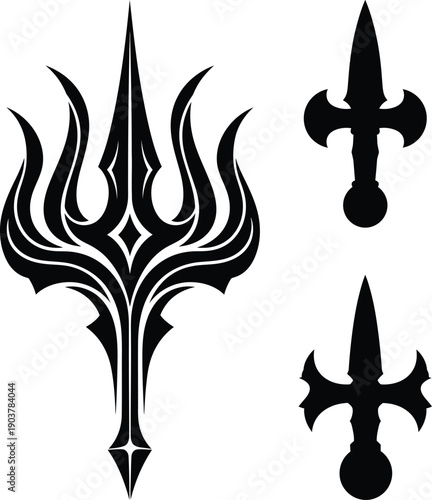 Tattoo designs of a trident and two dagger like weapons with a gothic or tribal style
