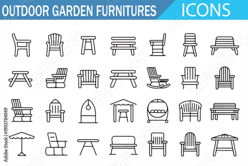 Patio and garden furniture linear icon set for landscape and exterior projects