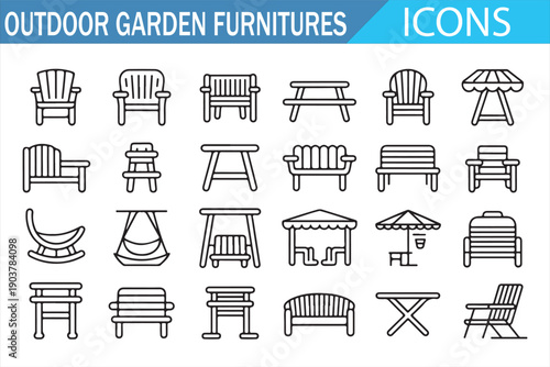 Outdoor garden furniture line icons set for patio, backyard and landscape design