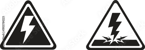 Electric Hazard Warning Triangle Icon Set, Lightning Bolt High Voltage Safety Vector Symbol on White Background