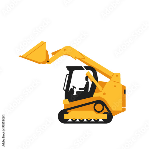 Yellow compact track loader with raised bucket on white background