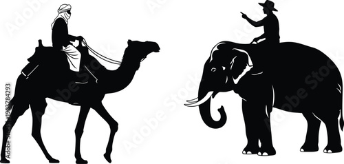 Silhouette of a man on a camel and an elephant