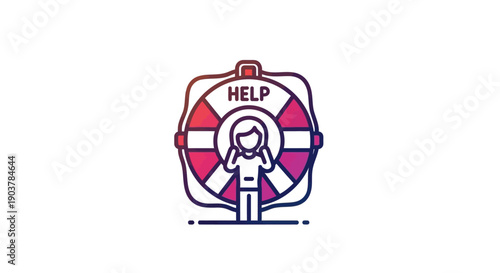 Stylized illustration of a person seeking aid inside a lifebuoy with the word help