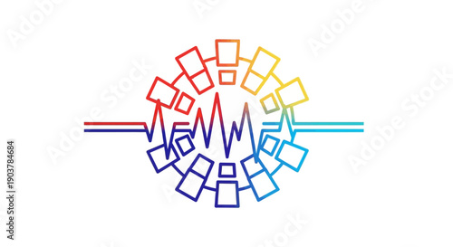 Dynamic gradient heartbeat line with interconnected squares forming an abstract circular pattern