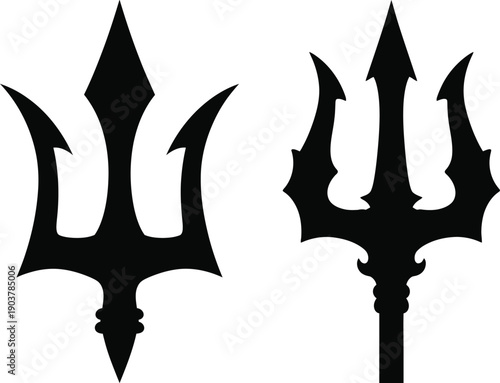 Two black trident silhouettes on a white background mythical sea god weapon
