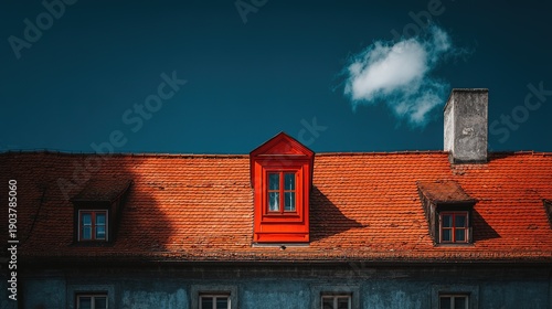 Roof with red window and blue sky with cloud in a city on a sunny day