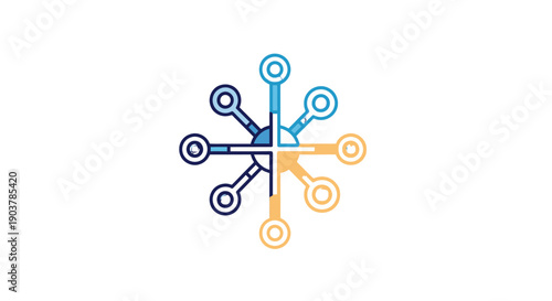 Abstract geometric shape with interconnected lines and circles in blue and orange hues.