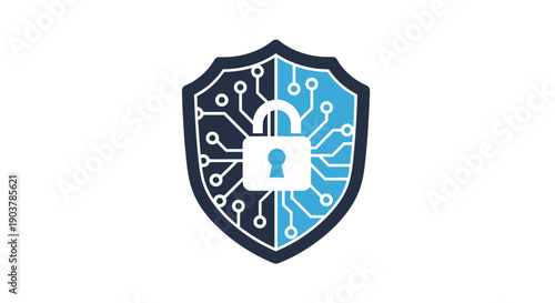 Cyber Security Shield with Lock and Circuit Board Design.