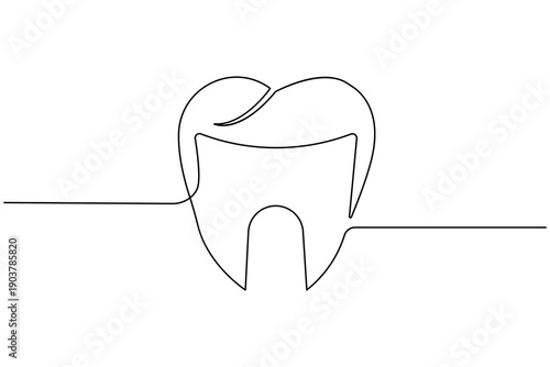 Elegant single line art illustration of a human molar. This clean vector design represents dental health, professional tooth care, and modern stomatology.