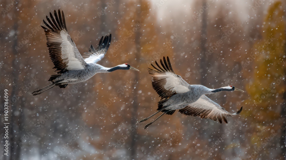 Obraz premium Cranes glide gracefully through winter snow