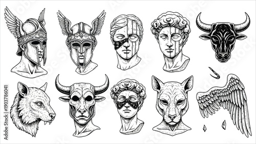 Haftoon Effect bust mask sculpture illustration, detailed and stylized, emphasizing facial features and artistic texture.