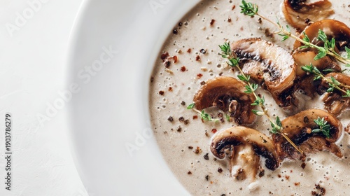 Exquisite mushroom cream soup in a bowl