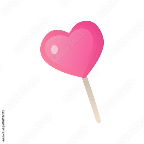 A glossy pink heart-shaped lollipop with a white stick, symbolizing love and sweetness. Perfect for Valentine’s Day, romantic themes, candy concepts, and festive design projects.