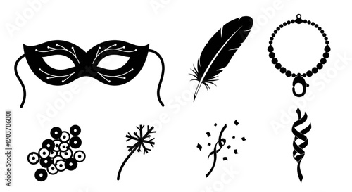 Carnival and masquerade party icons with mask feather and necklace