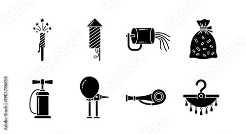 Party and celebration icons with fireworks balloon and festive bag