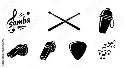 Samba music icons set with drumsticks whistle shaker and notes