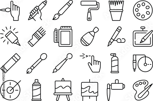 Comprehensive collection of thin line icons for artistic production showing brushes pencils and painting accessories