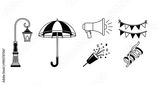 Celebration event icons with umbrella lantern megaphone and bunting
