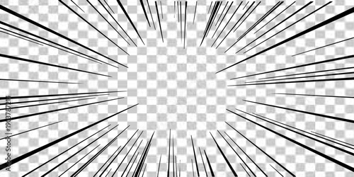 Abstract manga-style radial speed lines. Dynamic black graphic effect for motion, action, and impact on transparent background.